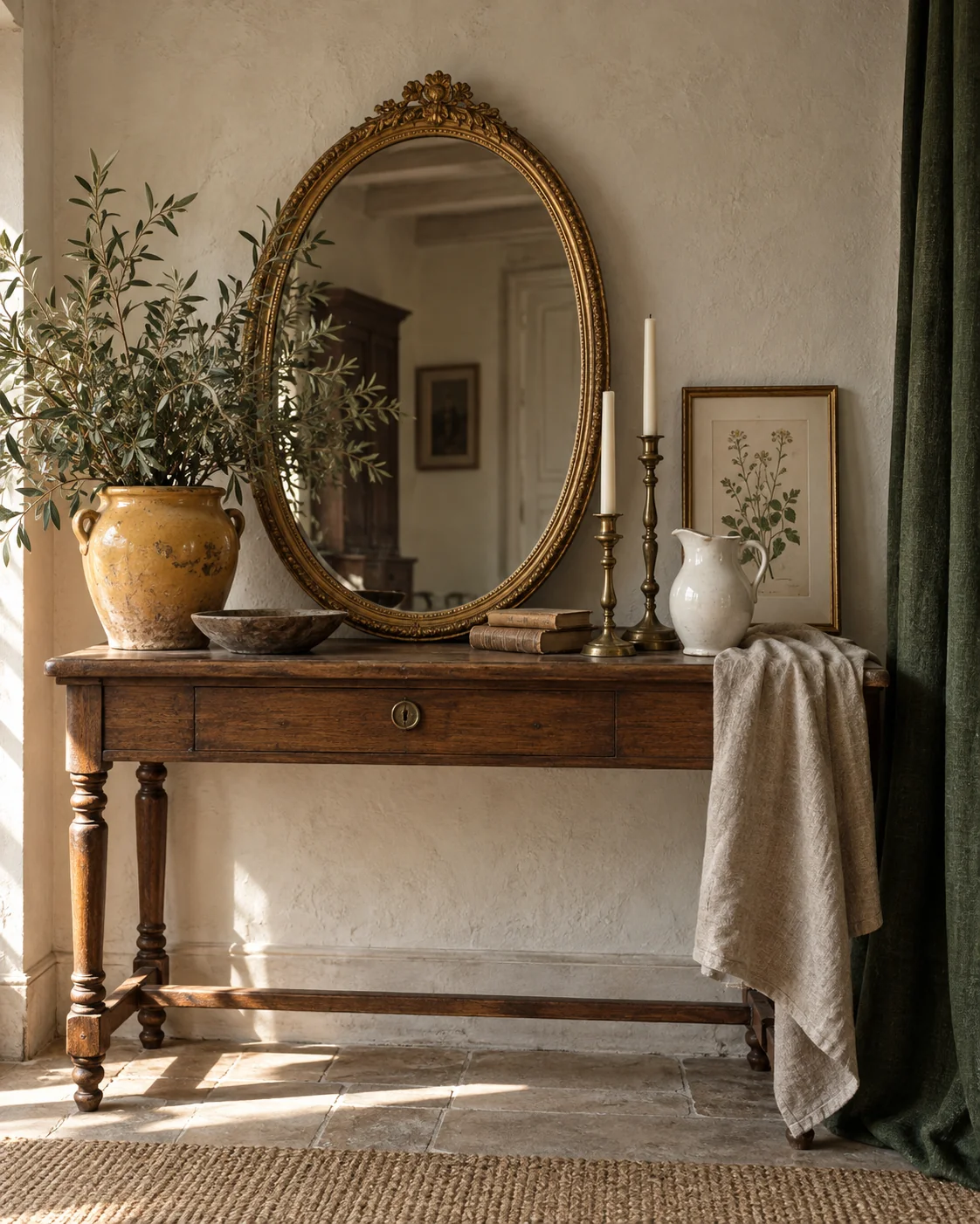 Illustrative country-house still life with a gilt mirror, brass candlesticks, an ironstone pitcher and a glazed pot